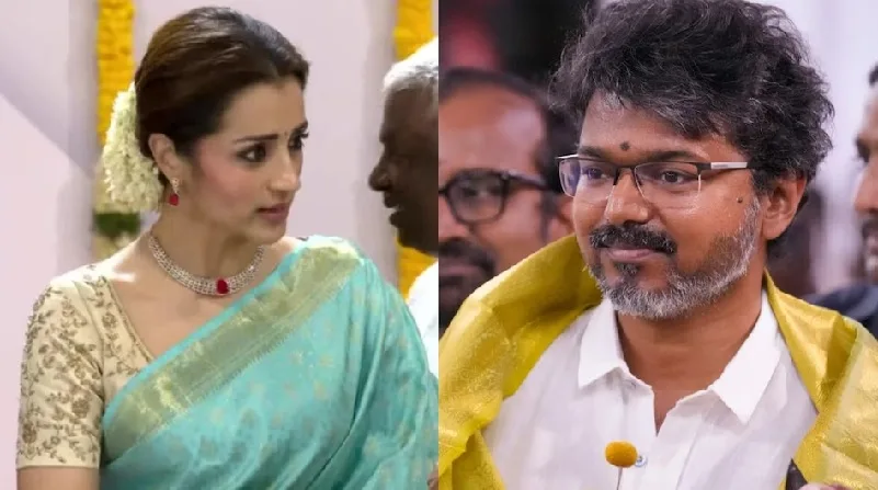 നീല പട്ടുടുത്ത് സുന്ദരിയായി തൃഷ , വിജയ്യുടെ സത്യപ്രതിജ്ഞയിലേക്ക് സര്പ്രൈസ് എന്ട്രി